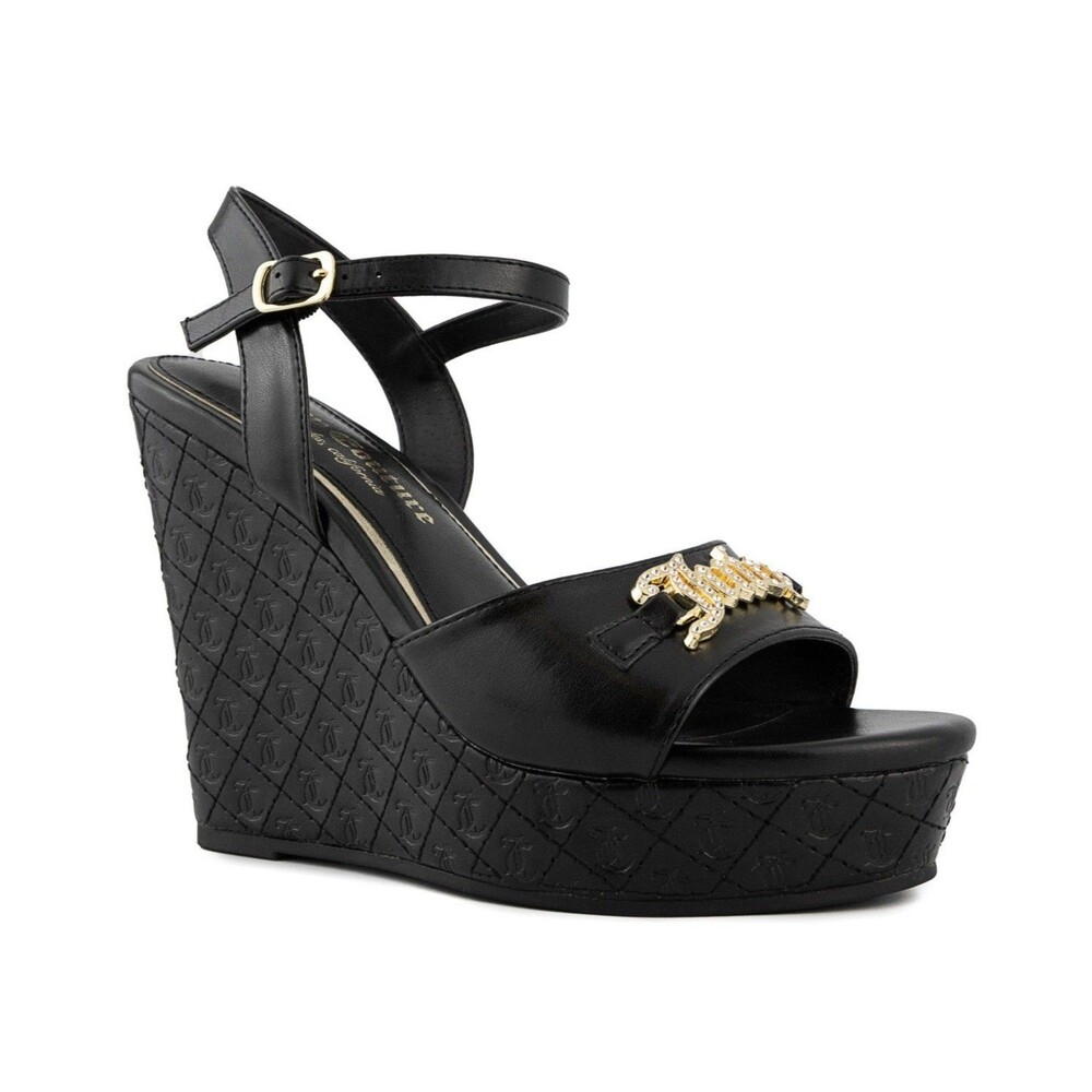 NEW Juicy Couture Womens Size 7 Black Harlowe Wedge Sandals Gold Rhinestone Logo